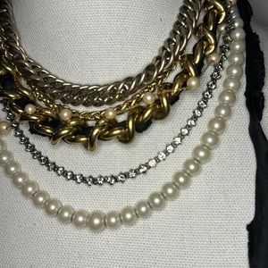 Rare! Multi layered gold, silver, pearl and crystal frayed ribbon necklace